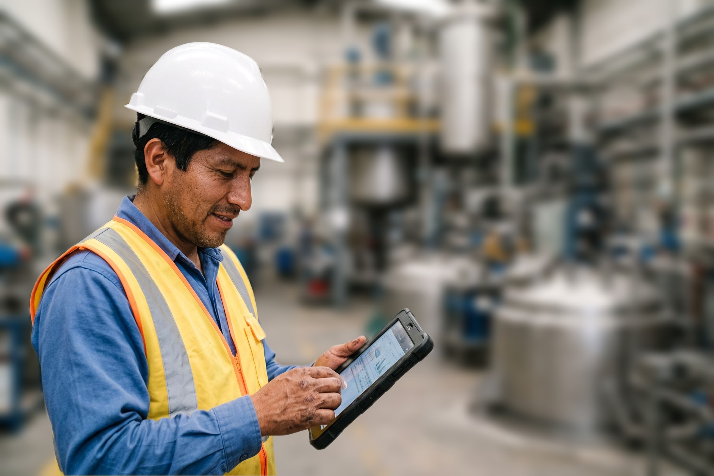 Jefe de planta revisando una tablet en una fábrica