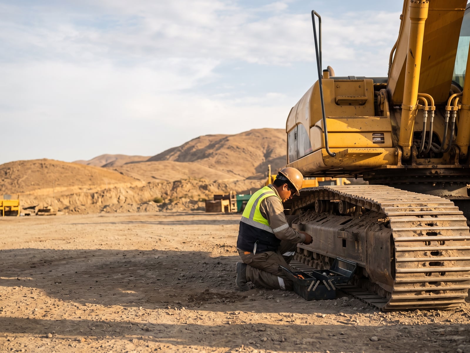 Técnico de mantenimiento trabajando junto a una excavadora